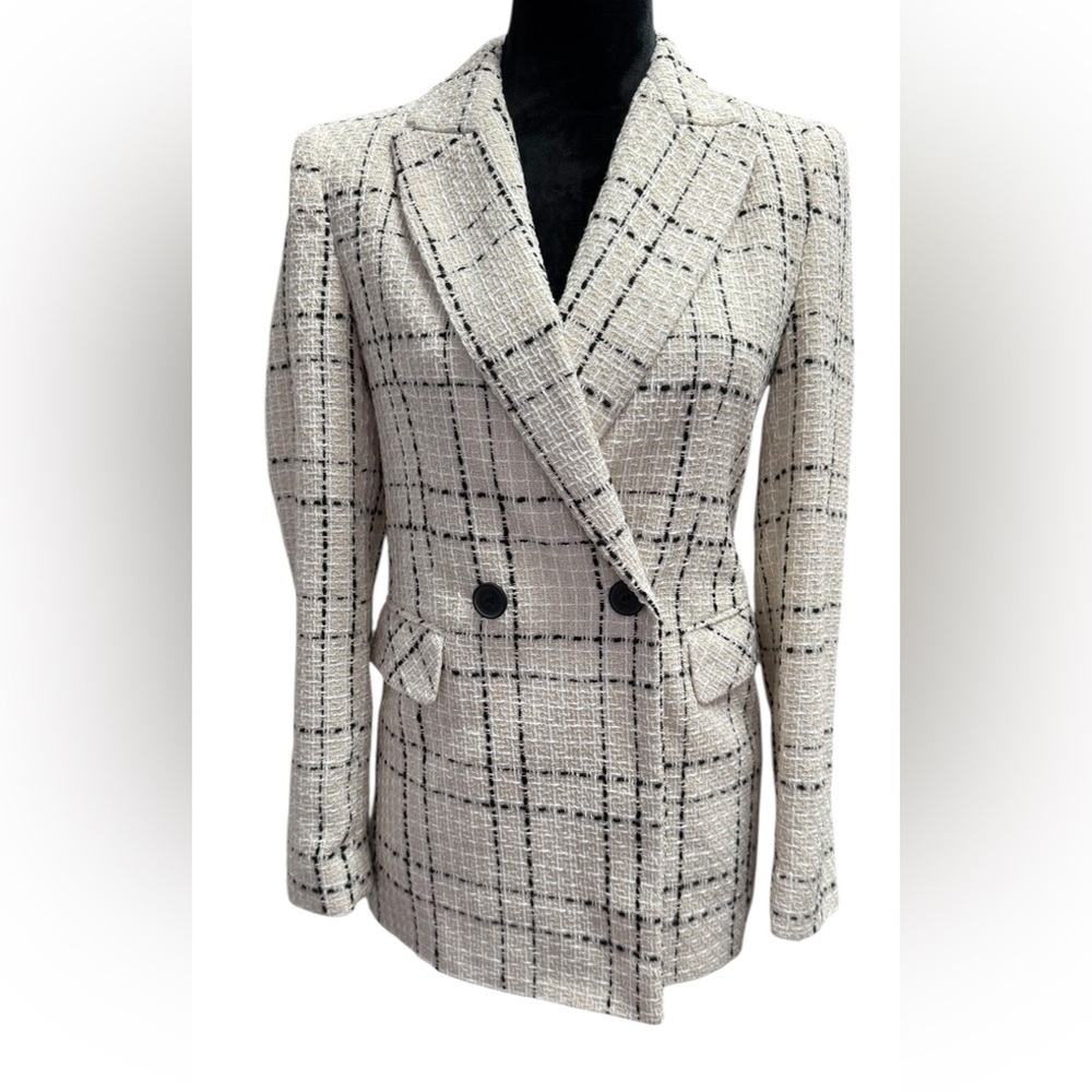 PRIMARK Women's Cream Plaid Double-Breasted Jacket Size 0​